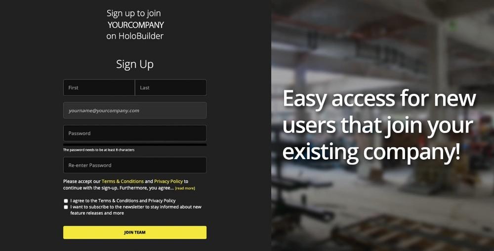 Easy access for new HoloBuilder users that join your existing company HoloBuilder (FARO Sphere