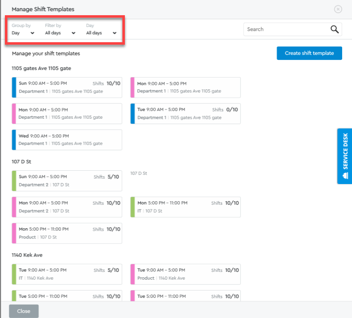Schedule shows Manage Shift Templates options for grouping, filtering, and days.