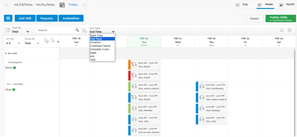 Schedule screen shows available sorting options.