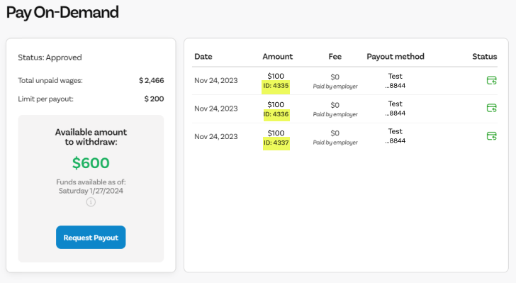 Employee POD dashboard highlighting the transaction ID.