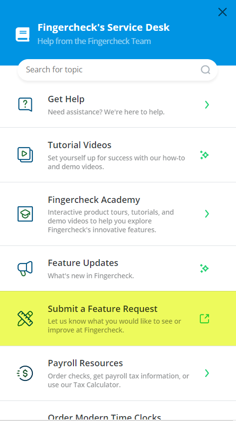 Service Desk shows link to submit a feature request.