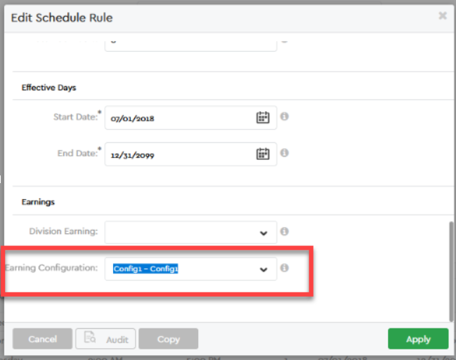 Image of the edit schedule rule highlighting earning configuration