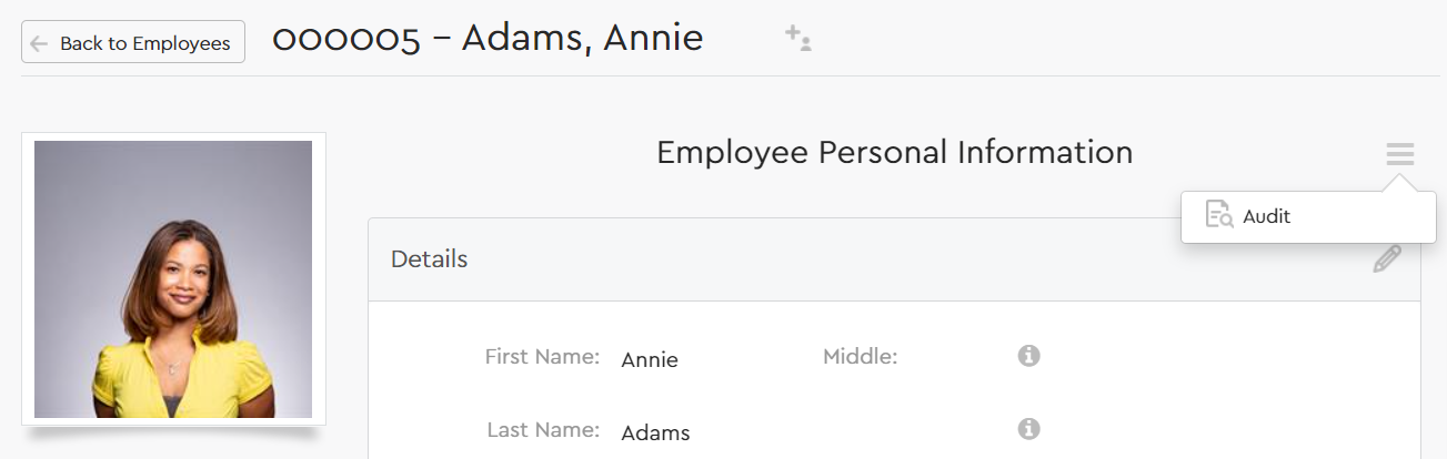 Image of an employee profile personal information section highlighting the Audit selection