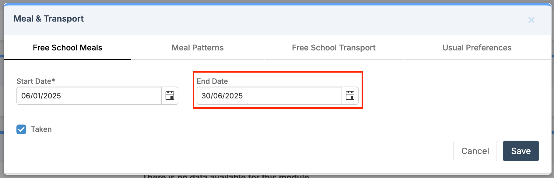 Administration - Students: Update when adding New FSM Eligibility - Bromcom