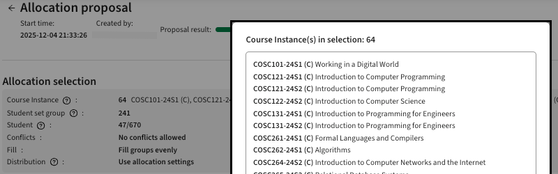Screenshot of detailed Allocation proposal view and list of modules