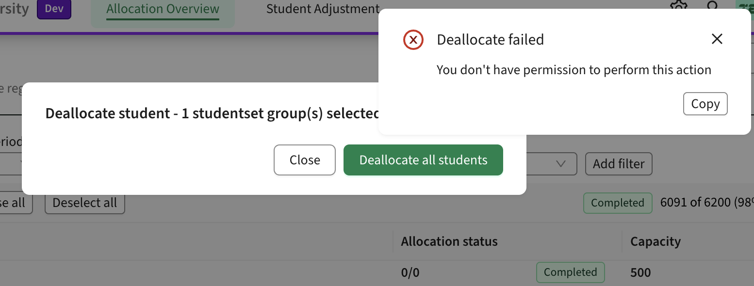 Screenshot of errormessage where user does not have the necessary permissions