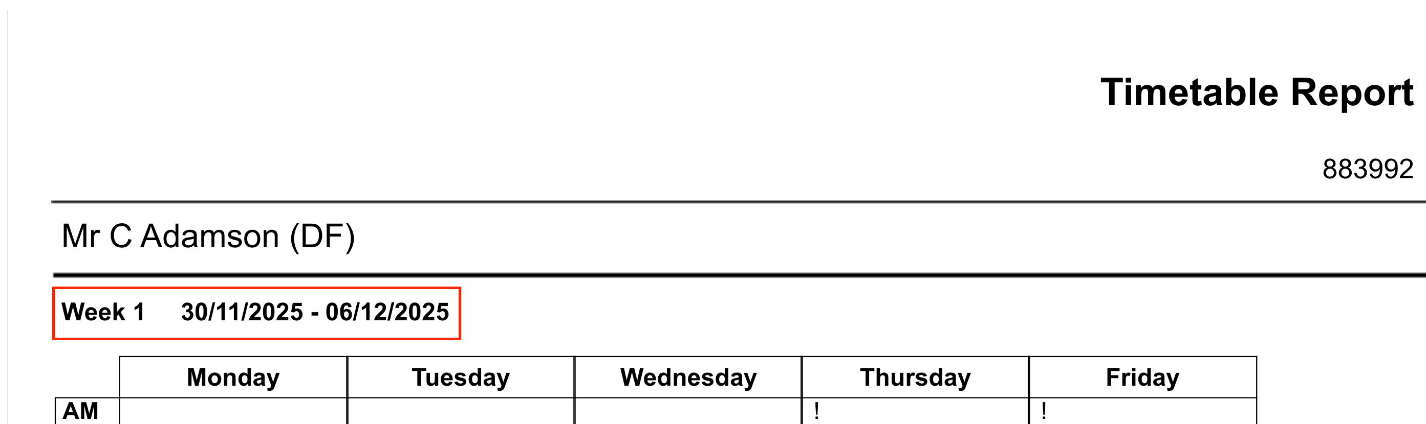 Timetable Report Preview