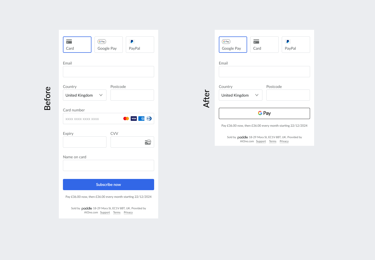 Mobile waller for Google Pay before & after