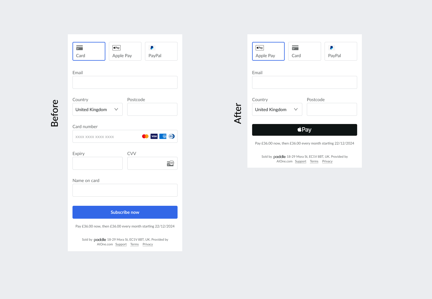Mobile wallet for Apple Pay before & after