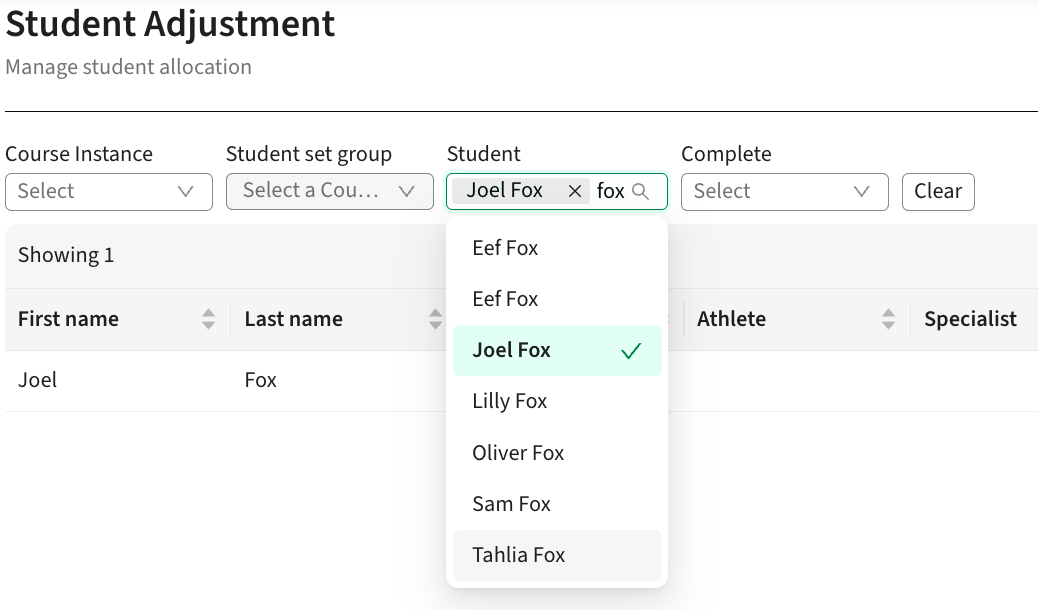 Screenshot of searching and selecting a student in Student adjustment view