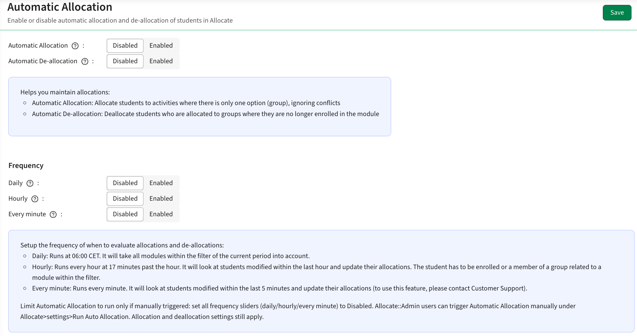 Screenshoot of automatic allocation configuration view