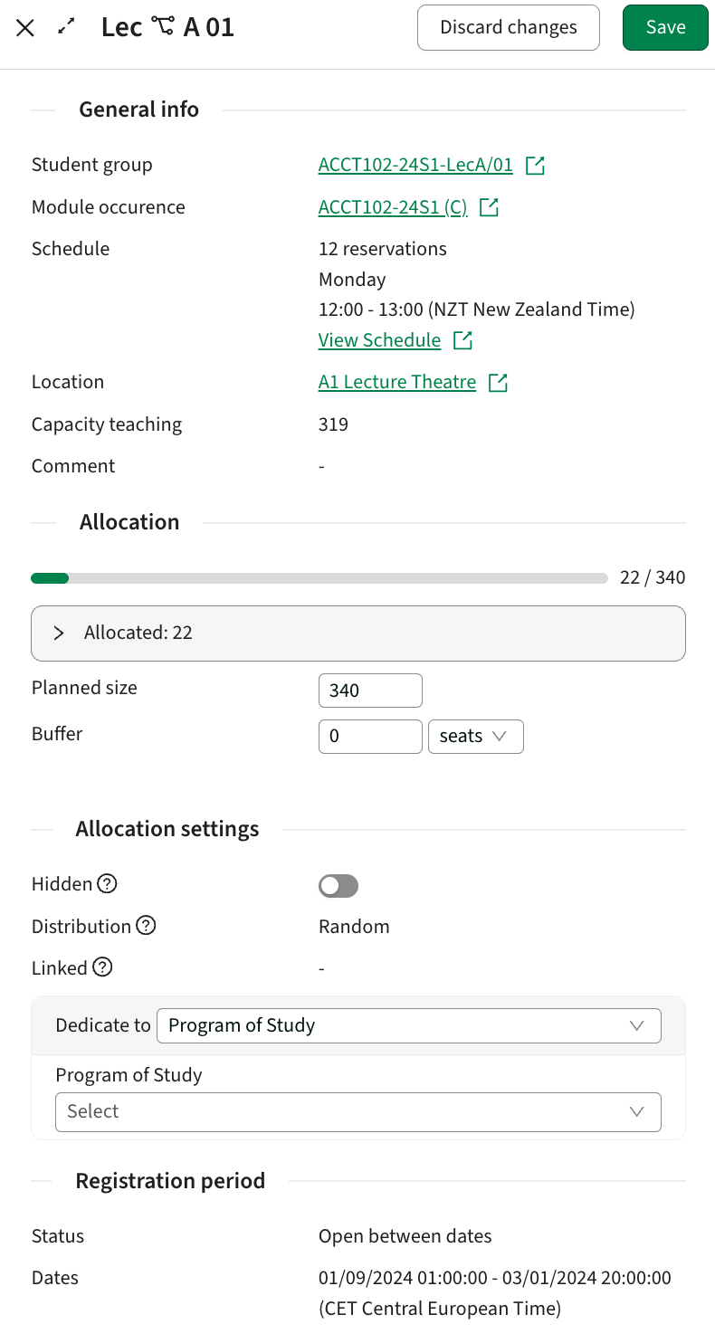 Screenshoot of drawer. User has New Zealand time and organisation timezone is Central European Time. Note that Reservations times and Registration period times differ in timezone.