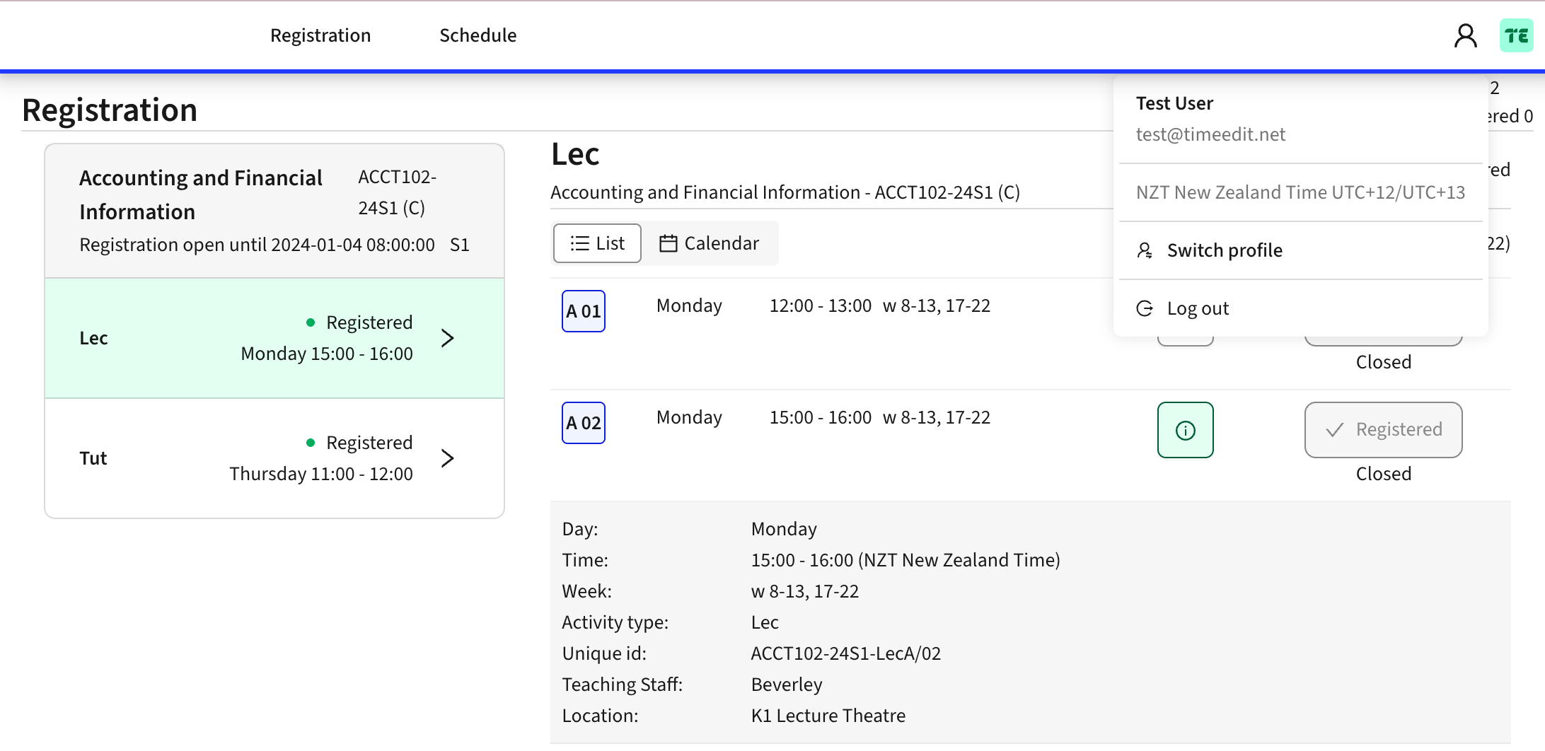 Screenshot of Registration, all times presented in users personal timezone