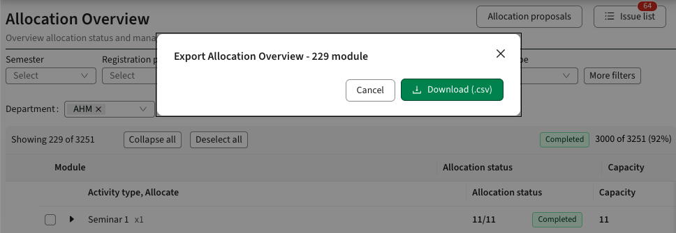 Screenshot of export Allocate overview modal