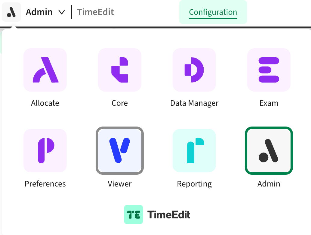 Screenshot of dropdown product selector in the top bar