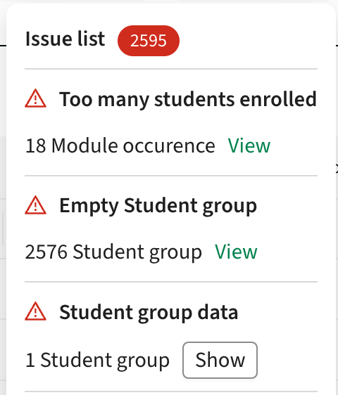Screenshot of issue list with Empty Student group (renamed) and Student group data (new)