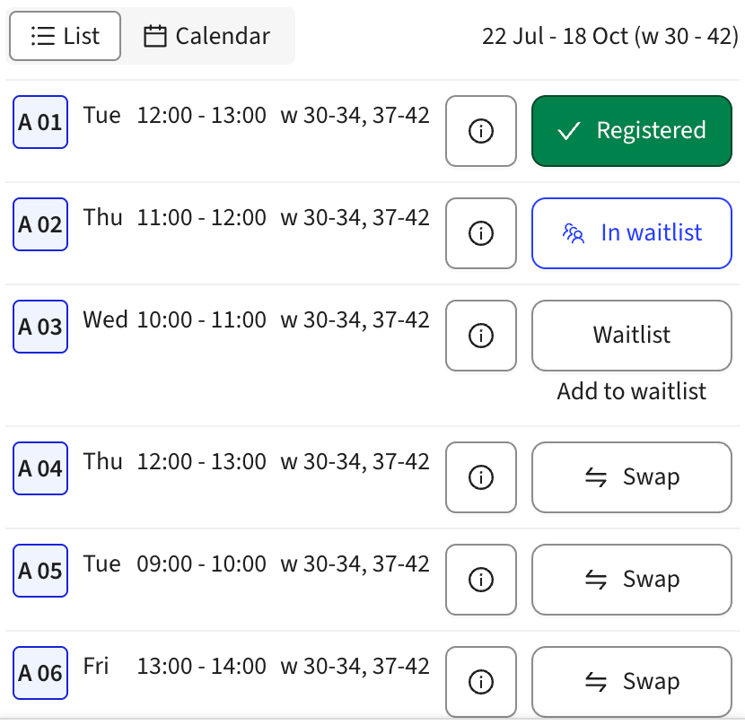 Screenshot of Registration interface where the student has added herself to a Waitlist