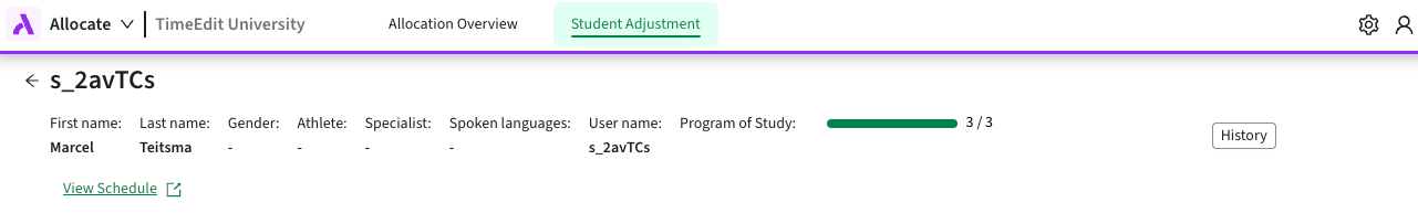 Screenshot of student details in Manage Student, with History