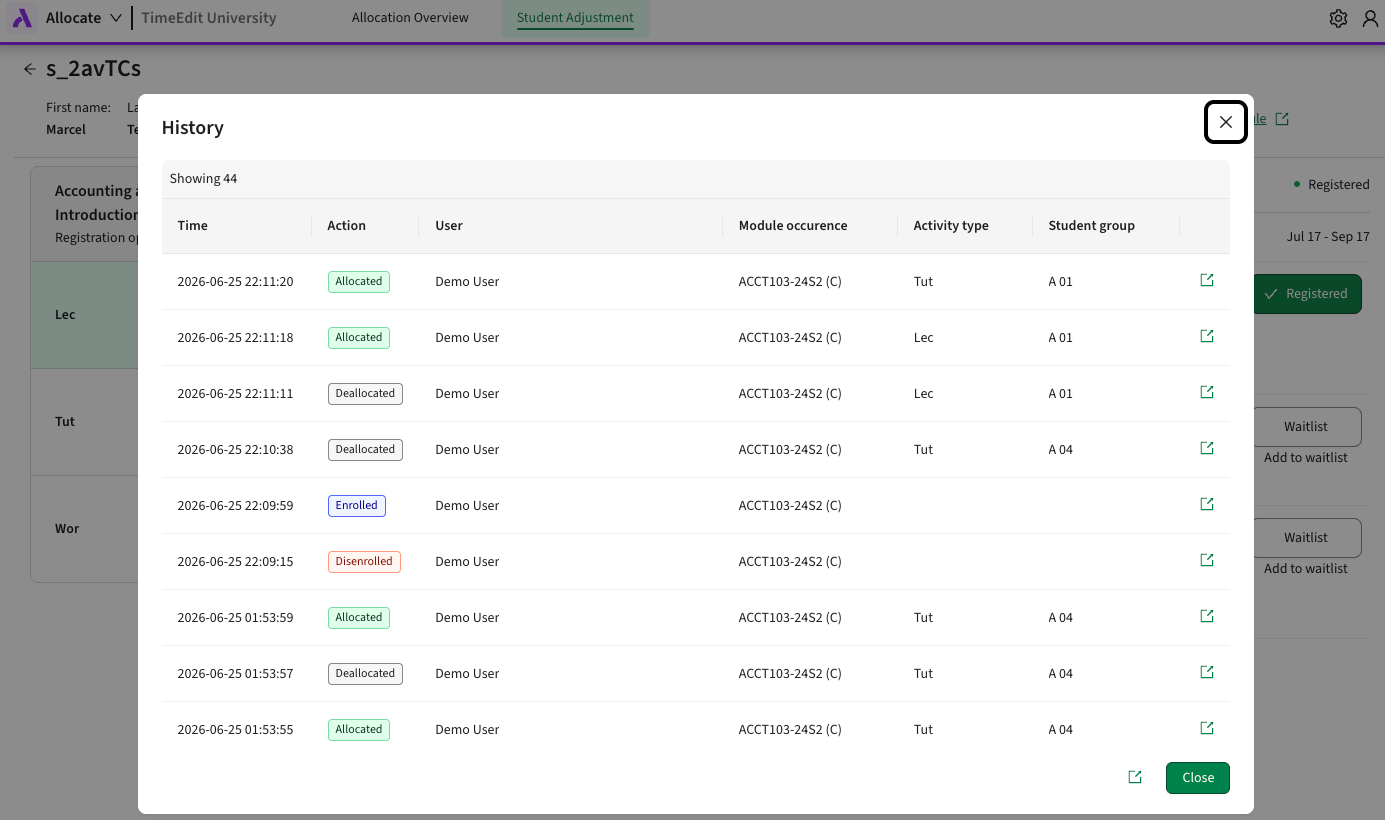 Screenshot of a students history view