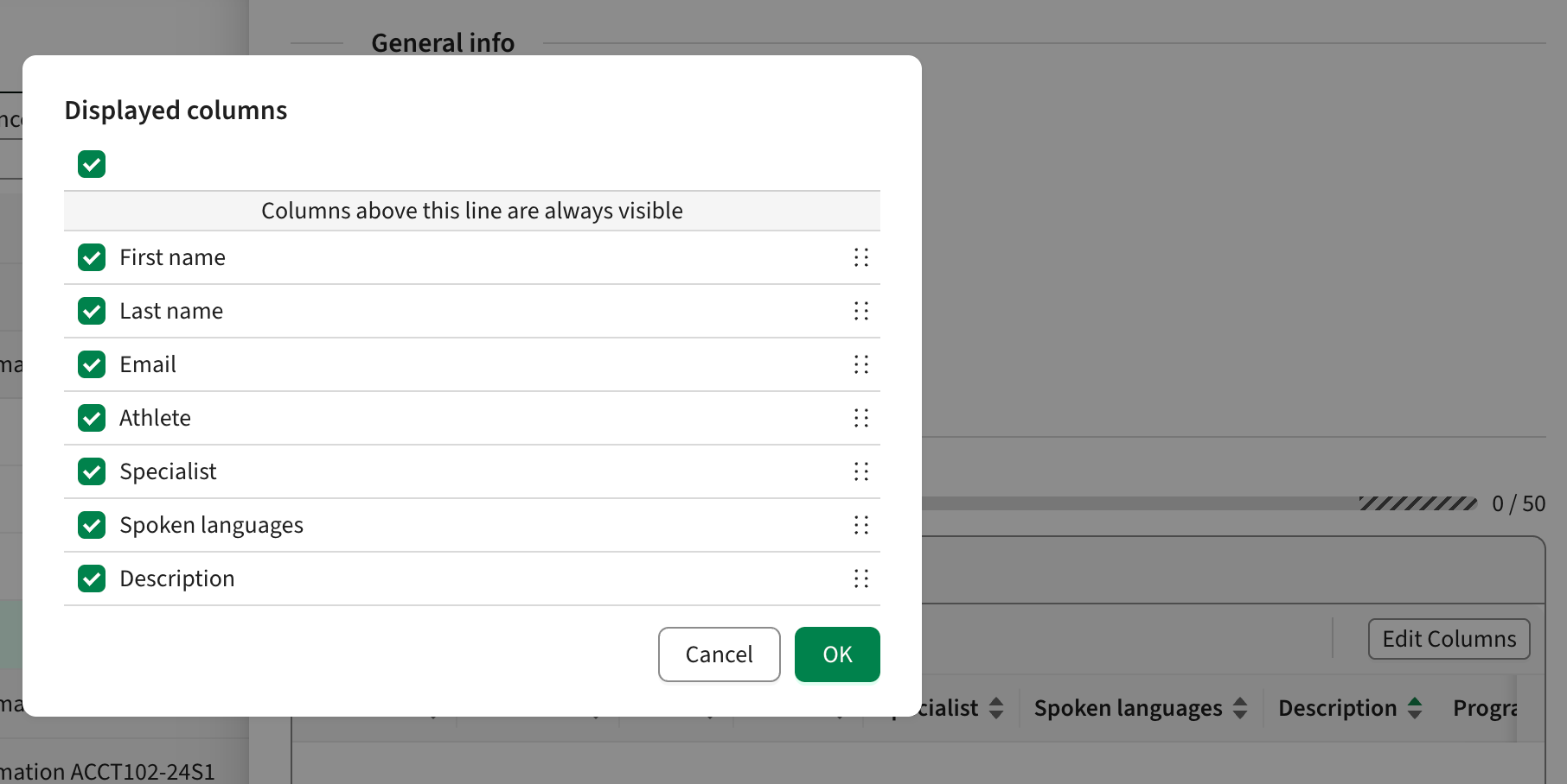 Screenshot of user changing displayed columns