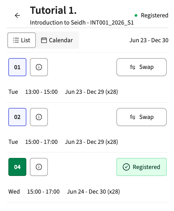 Screenshot of the listview in Registration, the groupnumber is highlighted and the registration button is replaced with a Registered label